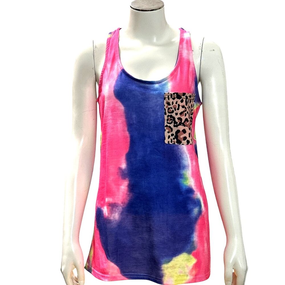 CCC Colorful Tie Dye Tank Top Leopard Print Chest Pocket Sleeveless Shirt Size S - Picture 1 of 11